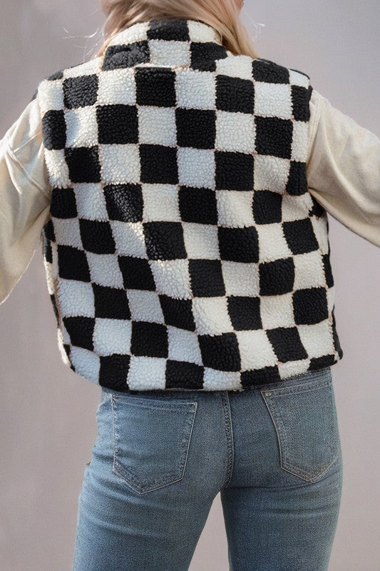 SHEWIN Checkered Sherpa Collared Jacket Vest