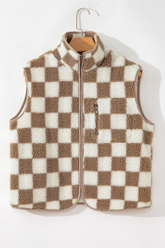 SHEWIN Checkered Sherpa Collared Jacket Vest