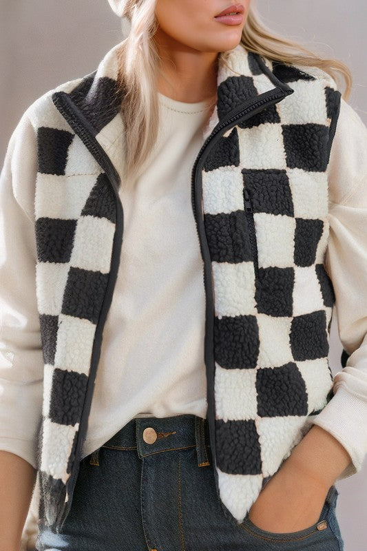 SHEWIN Checkered Sherpa Collared Jacket Vest