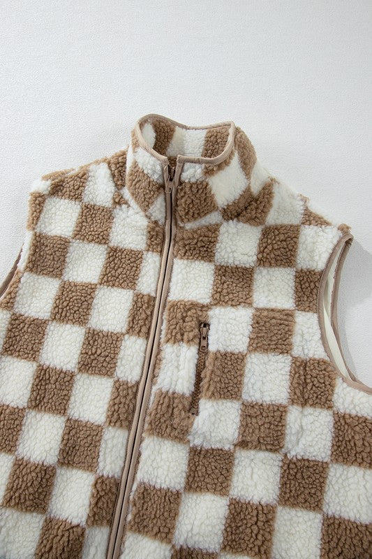 SHEWIN Checkered Sherpa Collared Jacket Vest