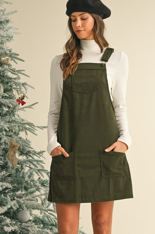 Shewin Corduroy Front Pockets Overall Dress | Green | M Shewin Corduroy Front Pockets Overall Dress | Green | M