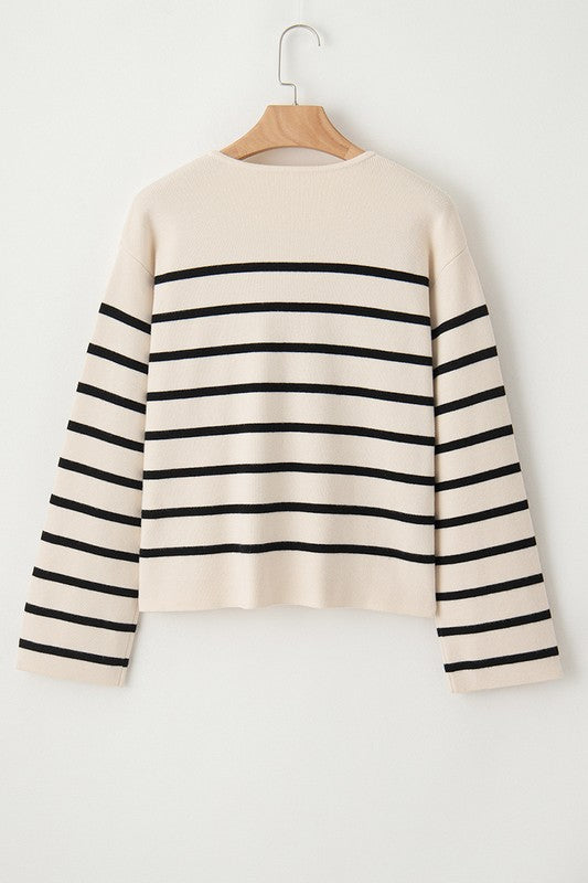 YNIQUE Black Stripe Flap Pocket Buttoned Cardigan Sweater