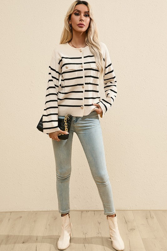 YNIQUE Black Stripe Flap Pocket Buttoned Cardigan Sweater