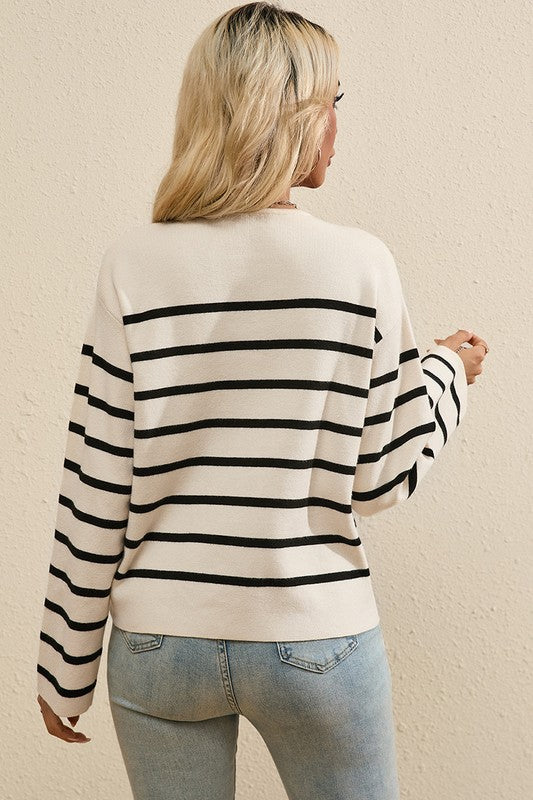 YNIQUE Black Stripe Flap Pocket Buttoned Cardigan Sweater