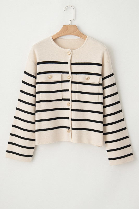 YNIQUE Black Stripe Flap Pocket Buttoned Cardigan Sweater