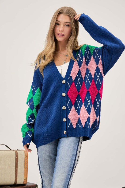 Davi & Dani Plush Argyle Button Front Loose Fit Knit Cardigan