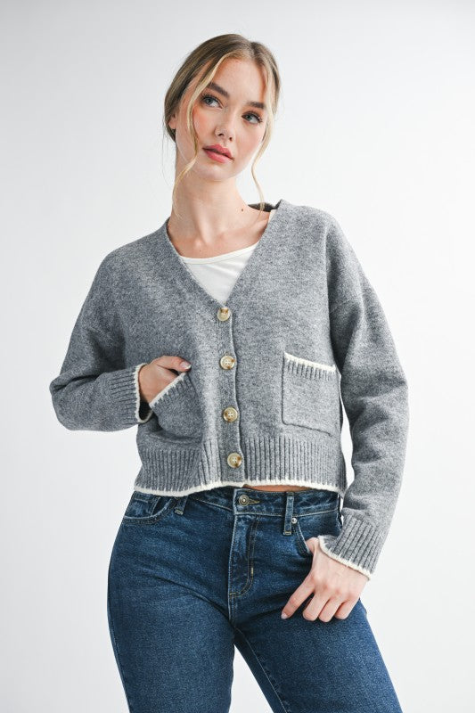 Aemi + Co Cropped Cardigan With Contrast Stitching