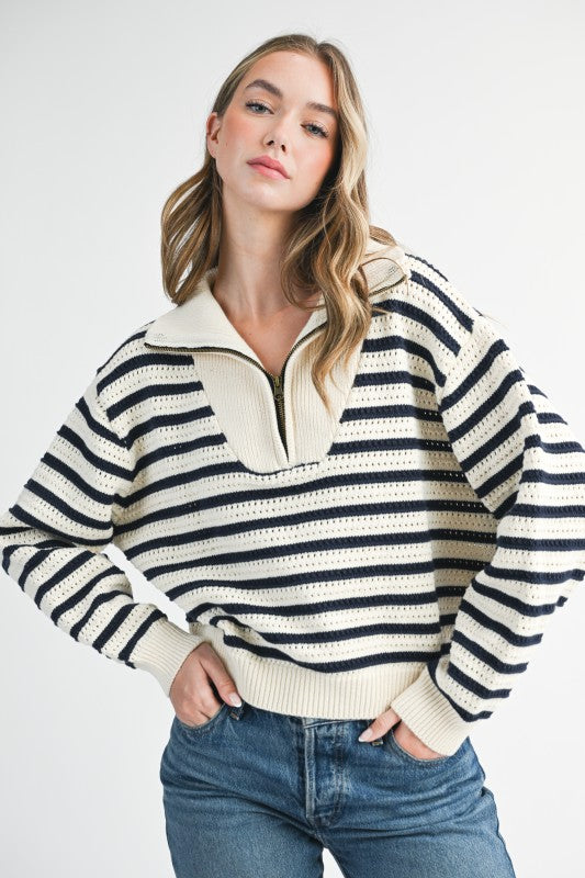 Aemi + Co Half-Zip Pointelle Stripe Sweater