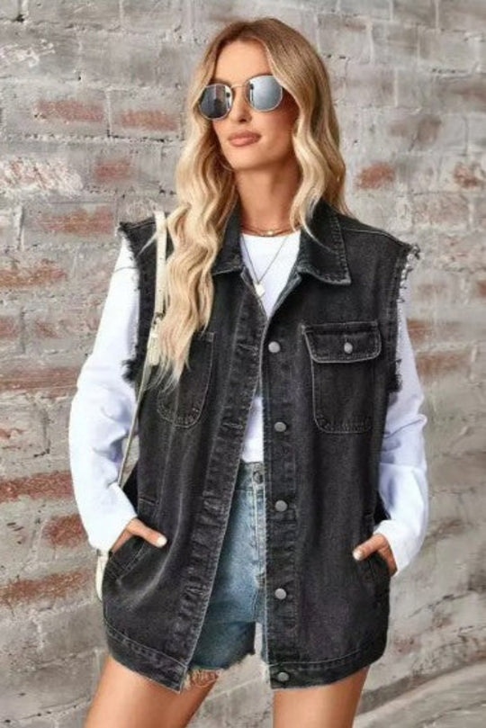 Miss Sparkling Oversized Sleeveless Denim Trucker Jacket