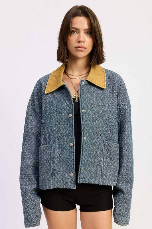 Emory Park WOOL TWEED SNAP JACKET WITH CONTRASTED COLLAR