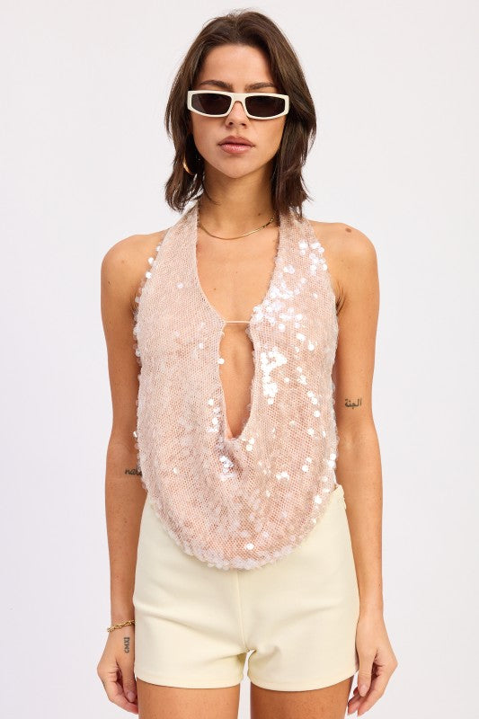 FRONT TIE SEQUIN HALTER TOP