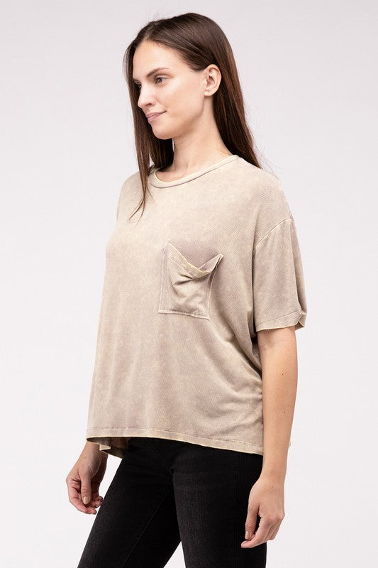 ZENANA Washed Ribbed Cuffed Short Sleeve Round Neck Top