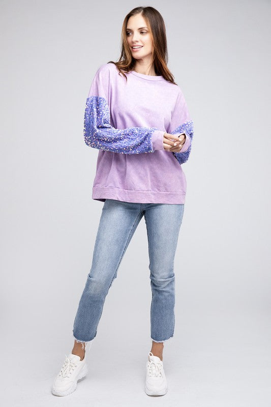 Load image into Gallery viewer, BiBi Velvet Sequin Sleeve Mineral Washed Top
