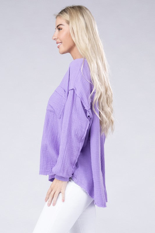 ZENANA Double Gauze Oversized 3/4 Button Henley Neck Top