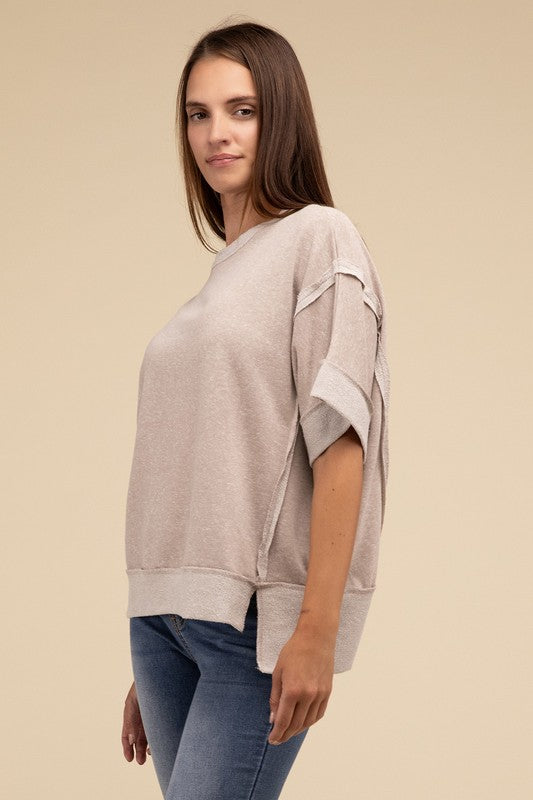 Emory Park Contrast Trim Top Stitching Drop Shoulder Top