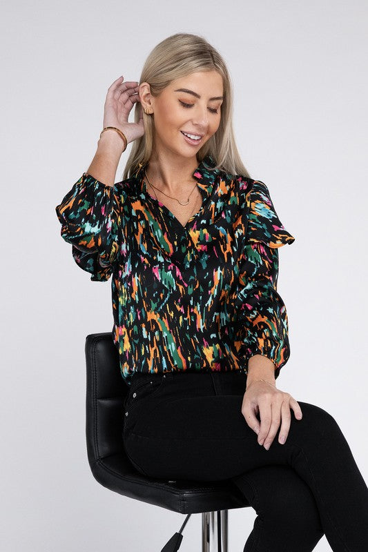 Nuvi Apparel Multicolor Print Ruffle Blouse