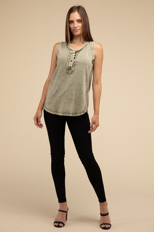 ZENANA Washed Half-Button Raw Edge Sleeveless Henley Top