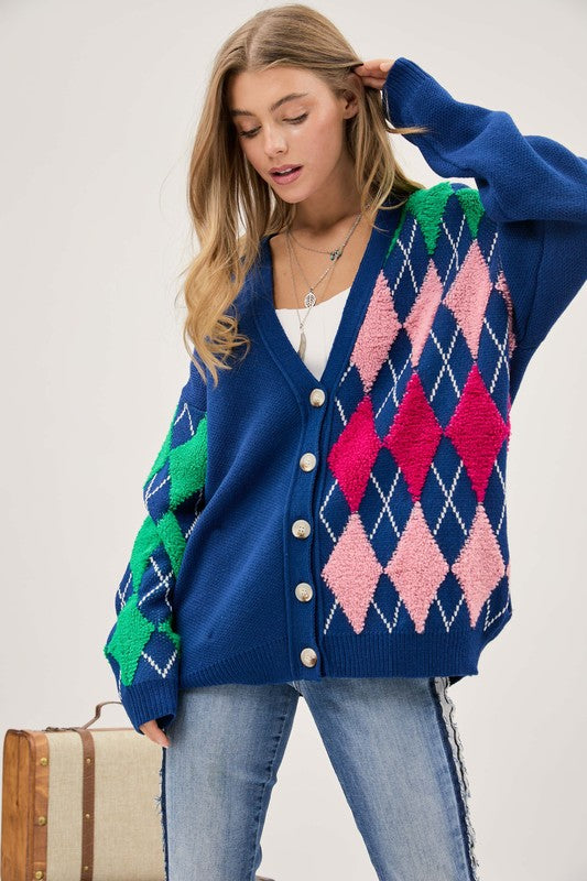 Davi & Dani Plush Argyle Button Front Loose Fit Knit Cardigan