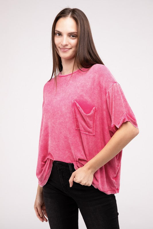 ZENANA Washed Ribbed Cuffed Short Sleeve Round Neck Top