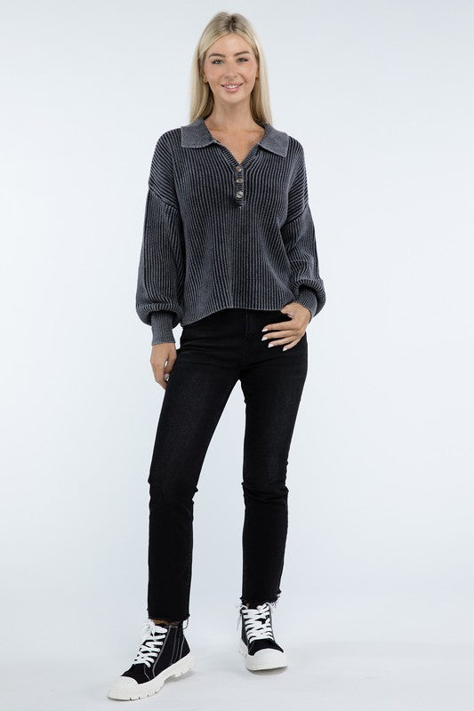 ZENANA Washed Collared Henley Sweater