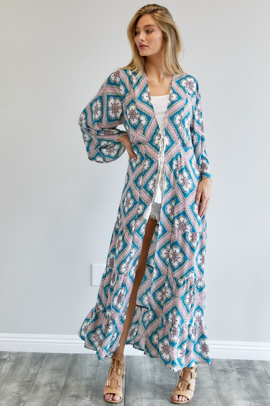 Davi & Dani Printed Long Sleeve Loose Kimono Duster