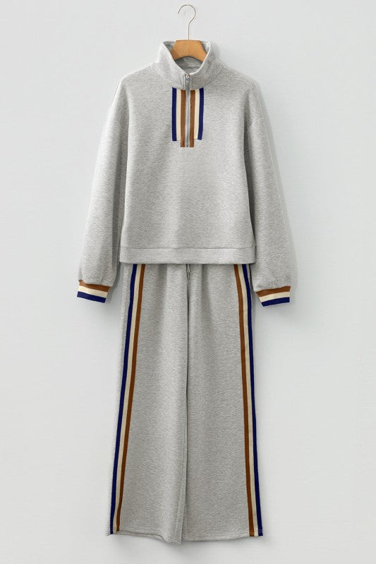 JUNIPER BLVD Stripe Patchwork Quarter-Zip Pullover and Pant Set