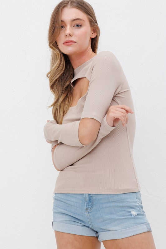 Sweet Generis RIBBED FITTED LONG SLEEVE TOP WITH CHEST CUTOUT