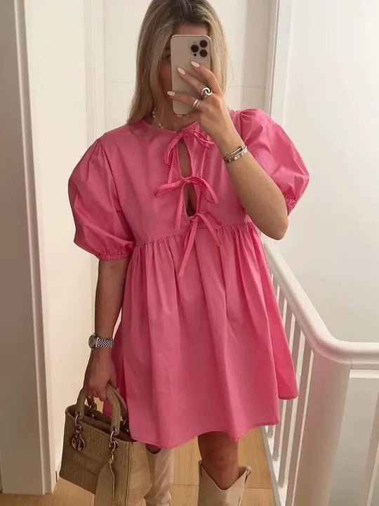 Miss Sparkling Puff Sleeve Bow Tie Front Dress