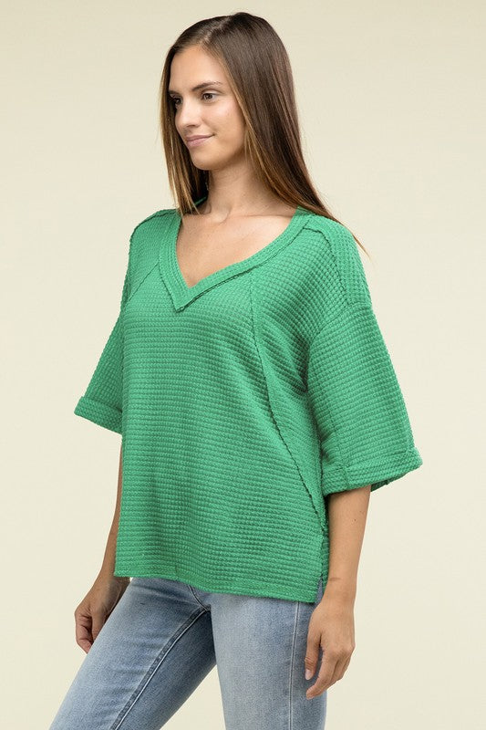 ZENANA Brushed Waffle Exposed-Seam 3/4 Sleeve Top