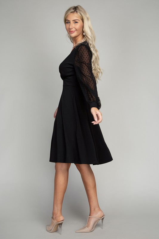 Nuvi Apparel Swiss Dot puff Sleeve V neck Dress