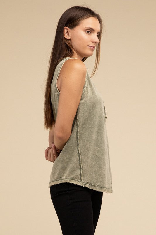 ZENANA Washed Half-Button Raw Edge Sleeveless Henley Top