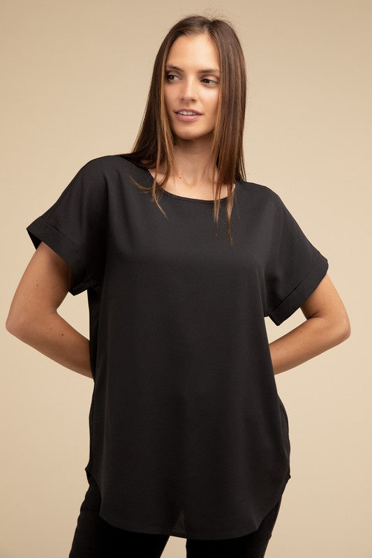 ZENANA Woven Heavy Dobby Rolled Sleeve Boat Neck Top