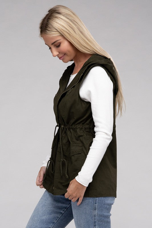 Load image into Gallery viewer, ZENANA Drawstring Waist Military Hoodie Vest
