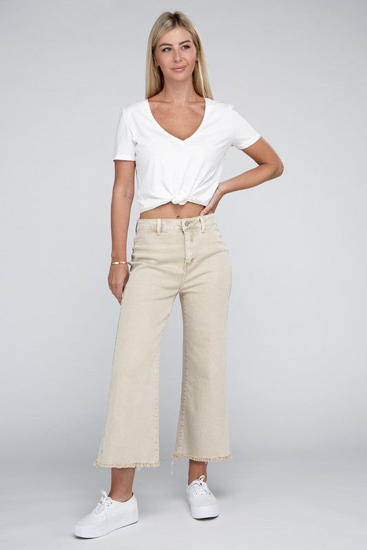 ZENANA Acid Washed High Waist Frayed Hem Straight Pants