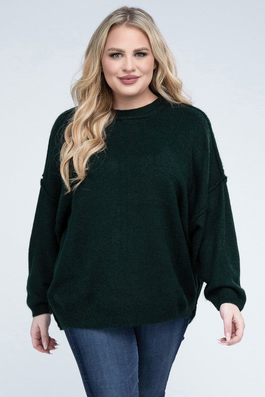 ZENANA Plus Oversized Round Neck Raw Seam Melange Sweater