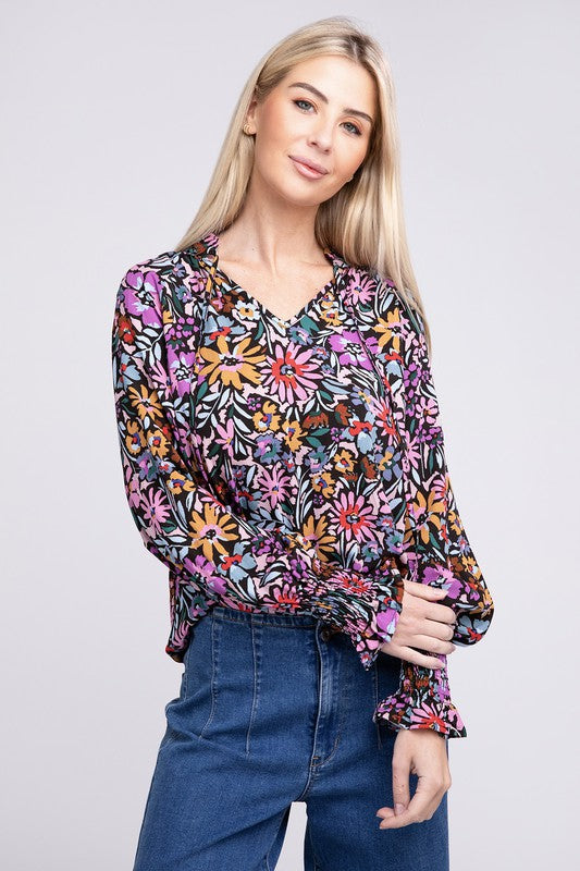 Nuvi Apparel Floral Print Tie V Neck Blouse