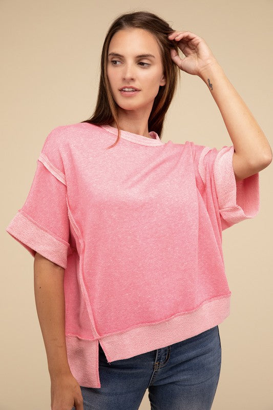 Emory Park Contrast Trim Top Stitching Drop Shoulder Top