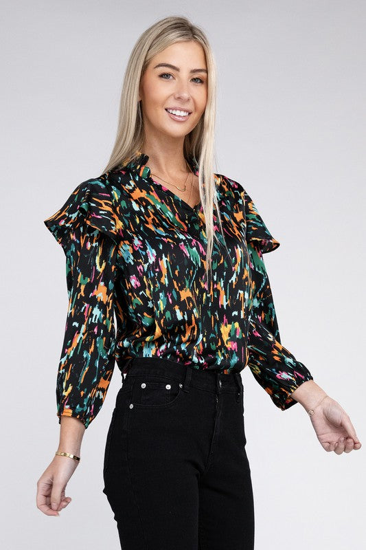 Nuvi Apparel Multicolor Print Ruffle Blouse