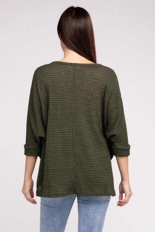 ZENANA 3/4 Sleeve V-Neck Hi-Low Hem Jacquard Sweater