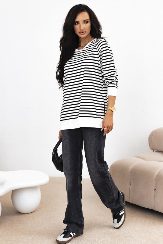 YNIQUE Stripe Raglan Sleeve Side Slits Loose Sweatshirt