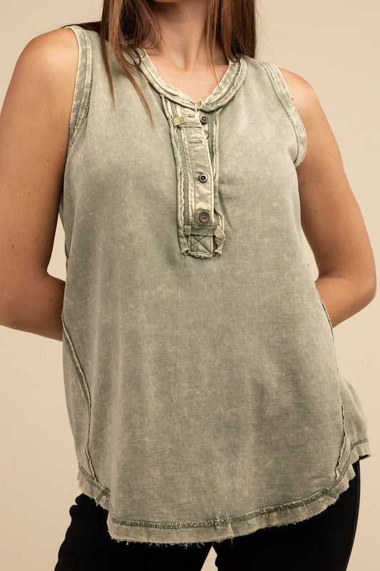 ZENANA Washed Half-Button Raw Edge Sleeveless Henley Top