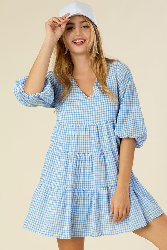 Load image into Gallery viewer, Lilou Gingham checked tiered dress
