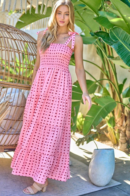 Davi & Dani Printed Smocked Ruffle Maxi Dress