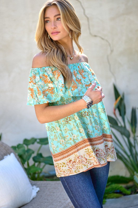 Davi & Dani Printed Off Shoulder Smocked Top