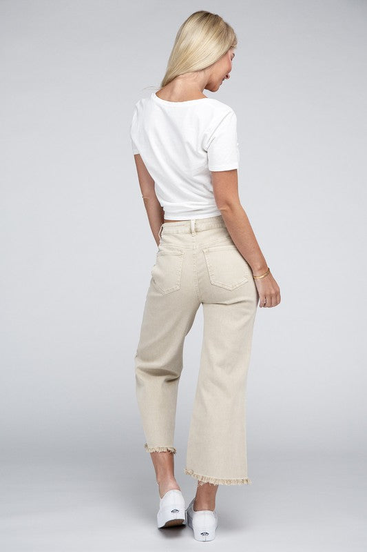 ZENANA Acid Washed High Waist Frayed Hem Straight Pants