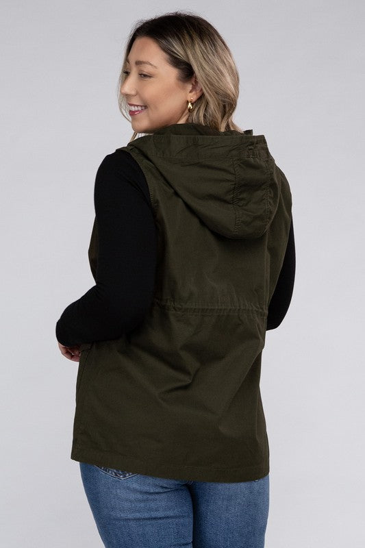 ZENANA Plus Drawstring Waist Military Hoodie Vest