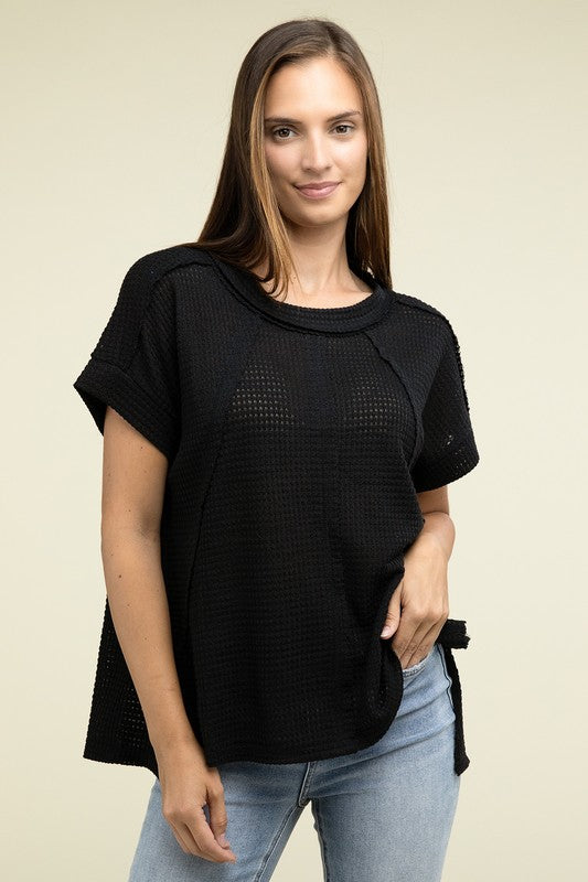 ZENANA Brushed Waffle Exposed-Seam Short Sleeve Top