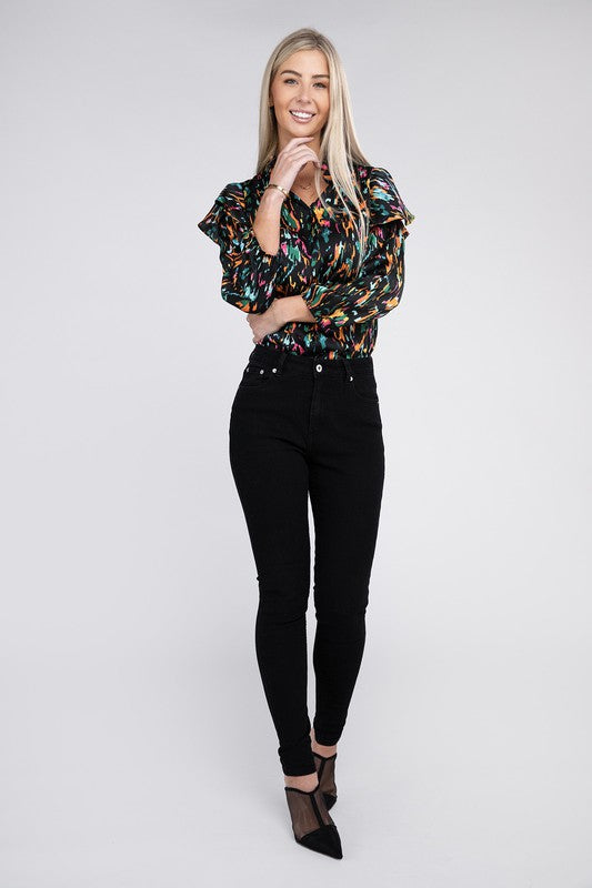 Nuvi Apparel Multicolor Print Ruffle Blouse