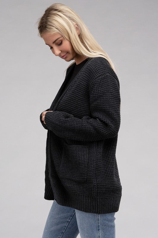 ZENANA Low Gauge Waffle Open Cardigan Sweater