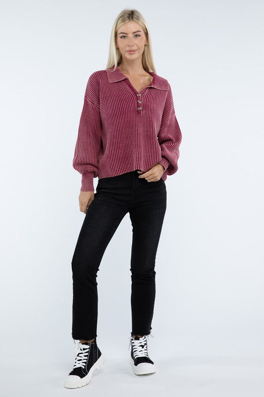 ZENANA Washed Collared Henley Sweater